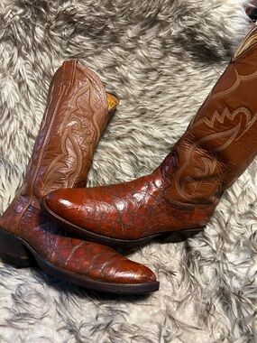 Nocona Mem Chestnut Brown Exotic Caiman & Leather Western Boots-Sz 9 B